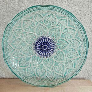 VGUC Large 13" Teal & Blue Turkish Style Glass Bowl - Beautiful Turquoise